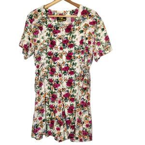Vintage 1990s Bermuda Run Romper M White Pink Floral Rayon Shorts Tie Pleated